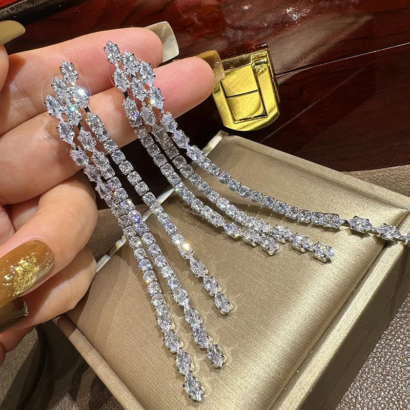 Luxury Long AAA Zircon Bridal Earrings CZ Cubic - front view