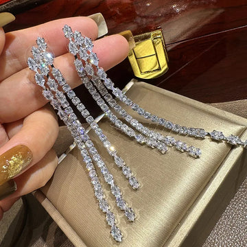 Luxury Long AAA Zircon Bridal Earrings CZ Cubic - front view