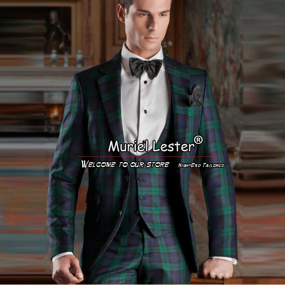Green plaid safari men suit jacket vest pants 3 piece prom groom wedding tuxedo business