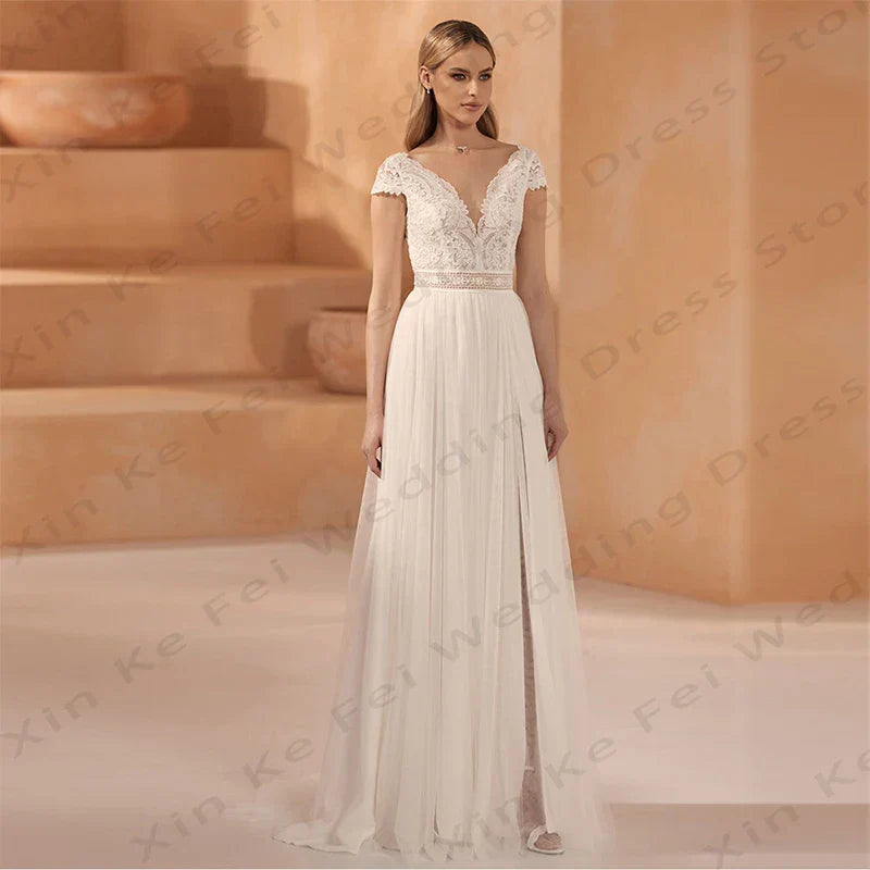 High slit deep V-neck short sleeves lace fascinating sexy elegant wedding dress bridal gown side view