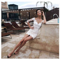 Charming Short Sheath Wedding Dress Sheer Neck 3/4 Sleeves Lace Appiques Beach Bride Party Gowns Robe Mariage