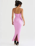 Pink slit satin bodycon maxi summer elegant corset wedding guest event party dress side view