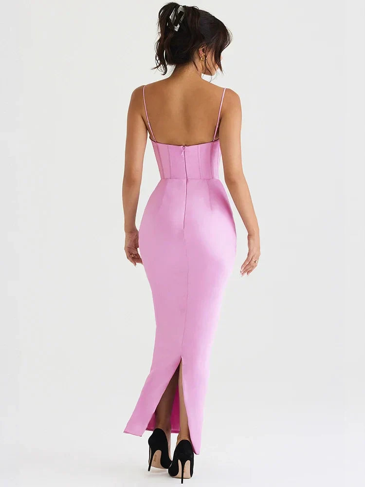 Pink slit satin bodycon maxi summer elegant corset wedding guest event party dress side view