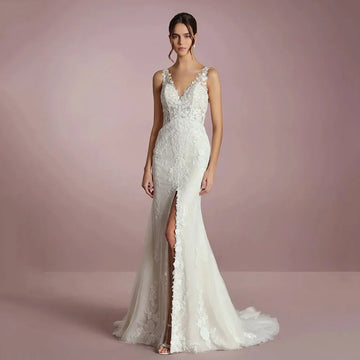 Sexy Wedding Dresses V Neck Lace Appliques Illusion Mermaid Bridal Gown Sleeveless Sweep Train Brides Dresses Customized