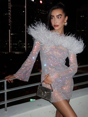 Sexy Sequins Shiny Mini Dress For Women Elegant Feather Slash Neck Flare Sleeve Slim Dresses Fashion Female Night Party Vestidos