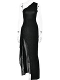 Backless charming high split elegant shiny one shoulder bodycon evening club party dress close-up