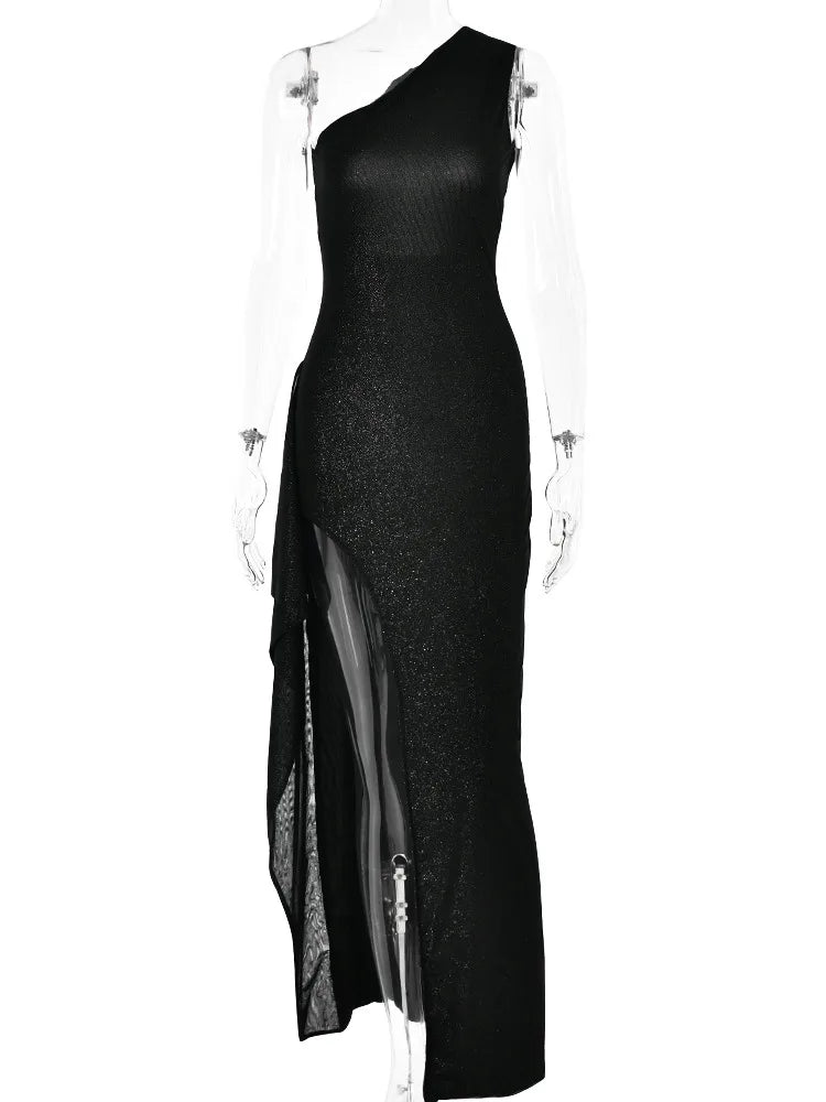 Backless charming high split elegant shiny one shoulder bodycon evening club party dress close-up