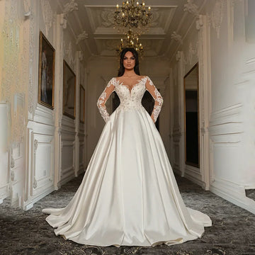 Customized Elegant Charming Wedding Dresses Sheer Neck Lace Applique Long Sleeves Satin A Line Bridal Gown Vestido De Novia