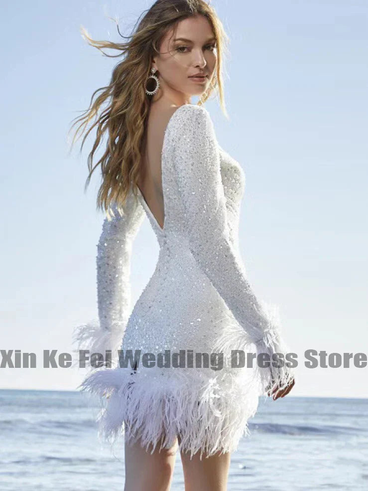 Luxury Women's Elegant Bridal Dresses High Collar Sparkling Beads String Feather Princess miniskirt Wedding Gowns Sexy Backless