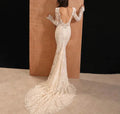 Mermaid off-shoulder classy lace long sleeve backless bridal gown detail