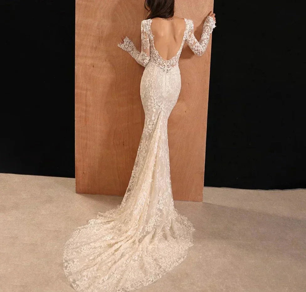 Mermaid off-shoulder classy lace long sleeve backless bridal gown detail
