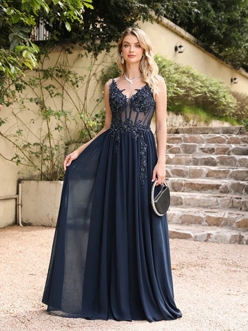 Spaghetti Straps Navy Blue A Line Evening Dresses Elegant Beaded Appliques Illusion Prom Gowns Formal Party Vestido De Gala