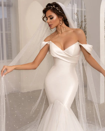 Haohao Elegant Off The Shoulder V-neck Satin Mermaid Wedding Dresses Sweep Train Custom Made Vestido De Noival