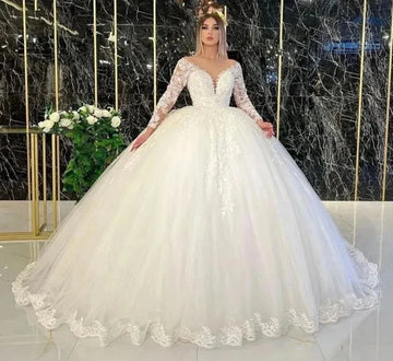 2026 Lace Appliques Wedding Dress V-Neck Long Sleeves Sweep Train Princess Ball Gown Bridal Gowns  Vestido De Novia Customize