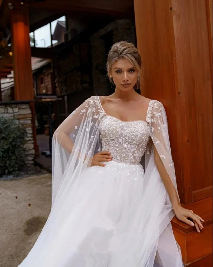 Ivory Princess Wedding Dresses With Cape Tulle Backless Sexy Boho Bride Gowns Vestidos de novia Party