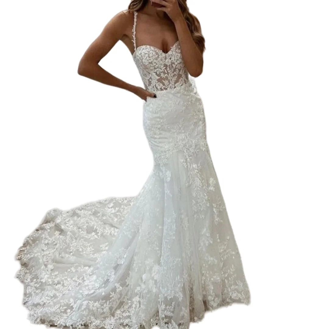 Lace mermaid long wedding dress spaghetti straps sweetheart court train bridal gown