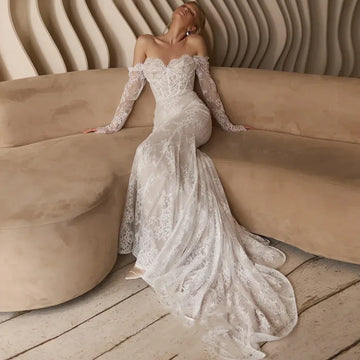 Customized Sexy Lace Mermaid Wedding Dresses Pearls Sweetheart Neck Long Sleeves Bridal Gown vestidos de novia