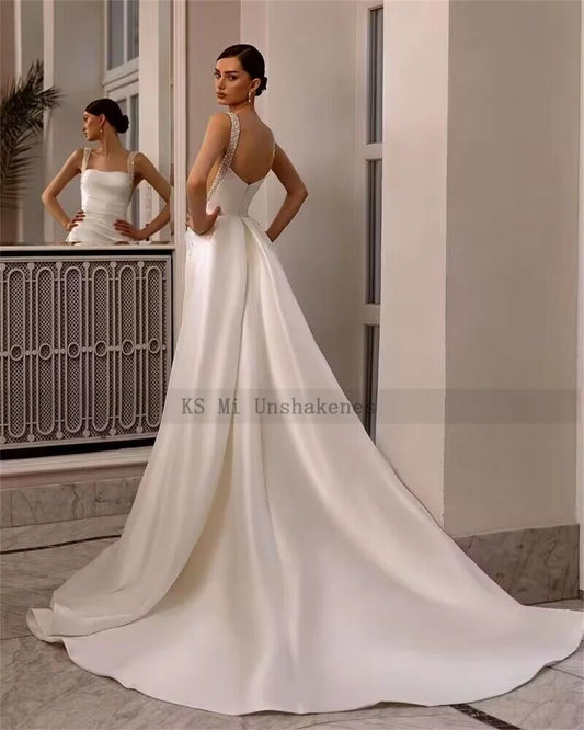 Elegant Satin Wedding Dresses 2024 Vestido de Noiva Sereia Mermaid Bride Dress Women Pearls Beads Wedding Gowns Backless