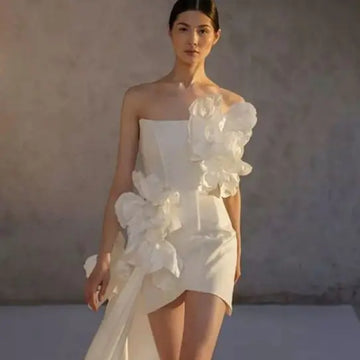 Strapless White Women's Dresses Free Shipping Hand Made Flowers Summer Dress Woman Elegant Gowns Custom Made Gowns