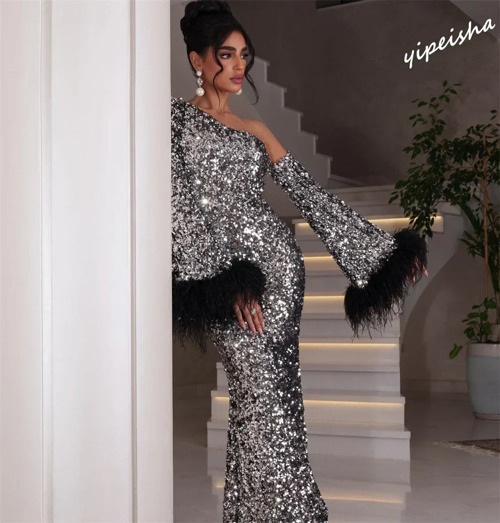 Floor length sheath sparkle asymmetrical one-shoulder sequin prom evening dress detail