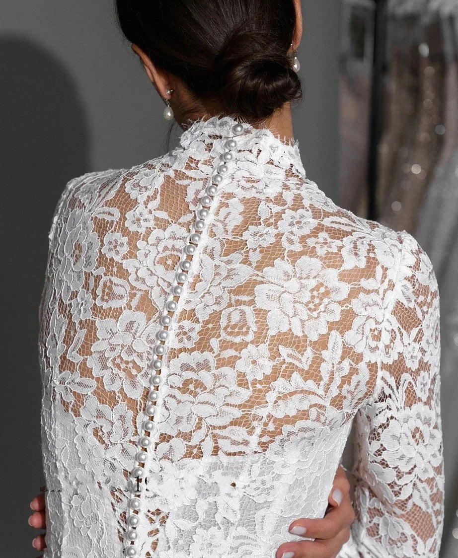 Classic lace mermaid wedding dress long sleeves V-neck pearls buttons elegant bridal gown