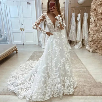 Flavinke Customized Boho Lace Wedding Dresses V-Neck Full Applique Princess Bridal Long Sleeves Sweep Train Bride Dress