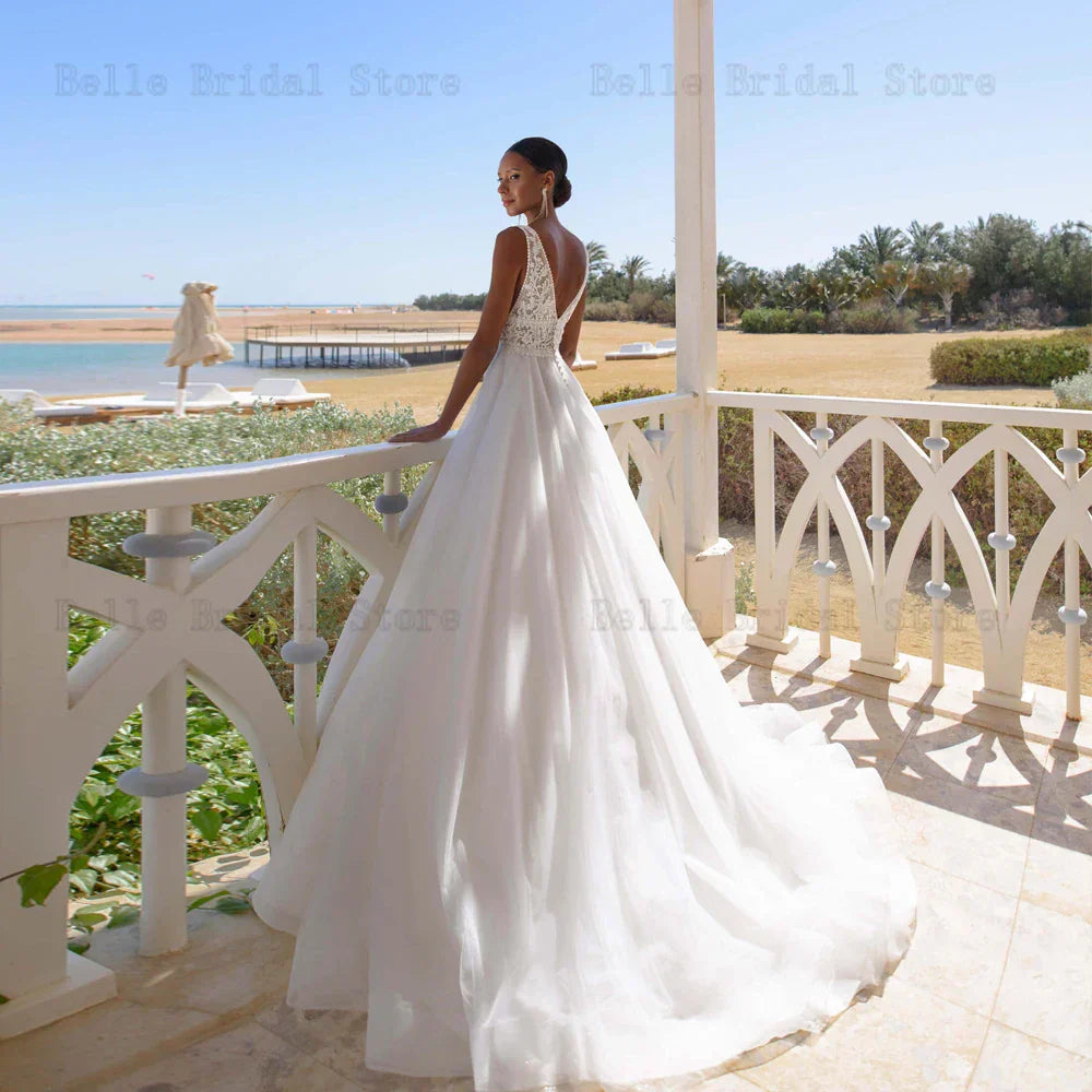 Simple Wedding Dresses for Bride V Neck Sleeveless Bridal Growns Lace Appliques Floor Length Tulle A-Line Vestidos De Novia