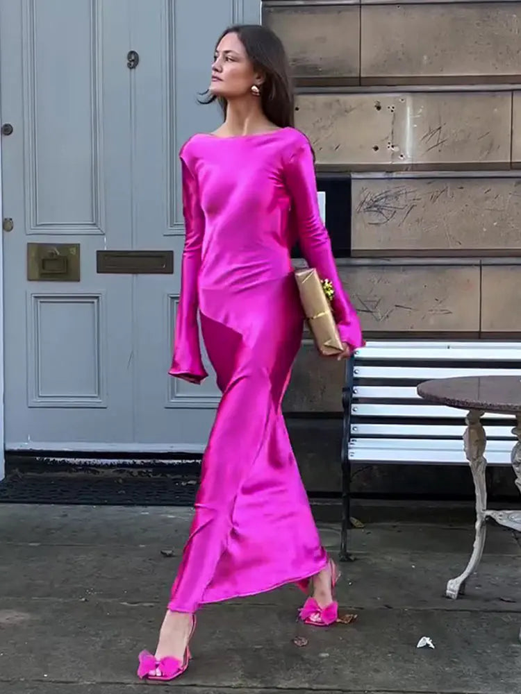 Sexy backless strapless satin high split flare long sleeve autumn slim elegant party dress women