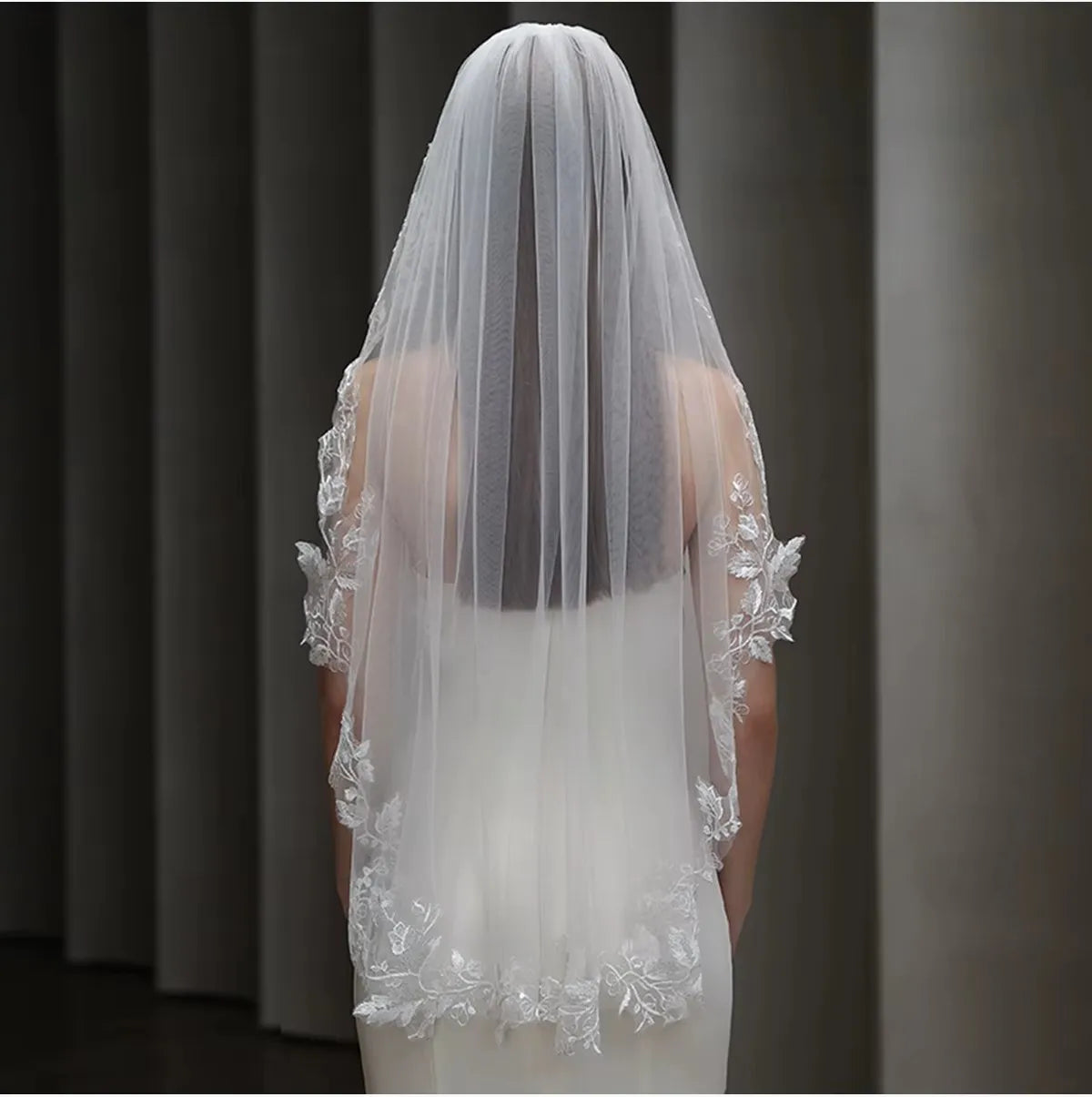 White Bridal Veil Leaf Lace Wedding Veils For - worn view