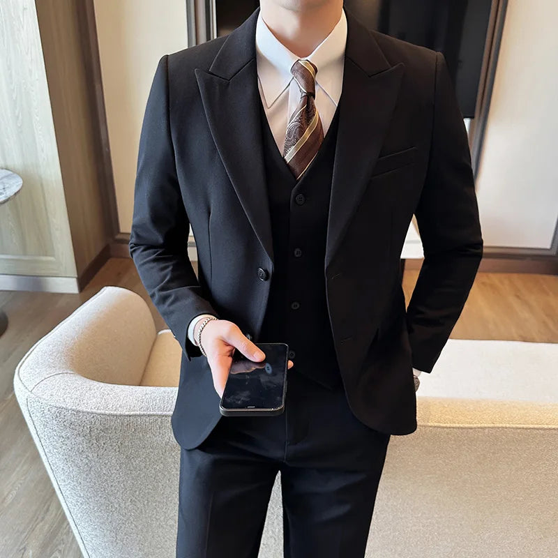 High-end wool (suit + vest + trousers) Stylish handsome men's business casual Tencel bridegroom wedding dress three-piece set