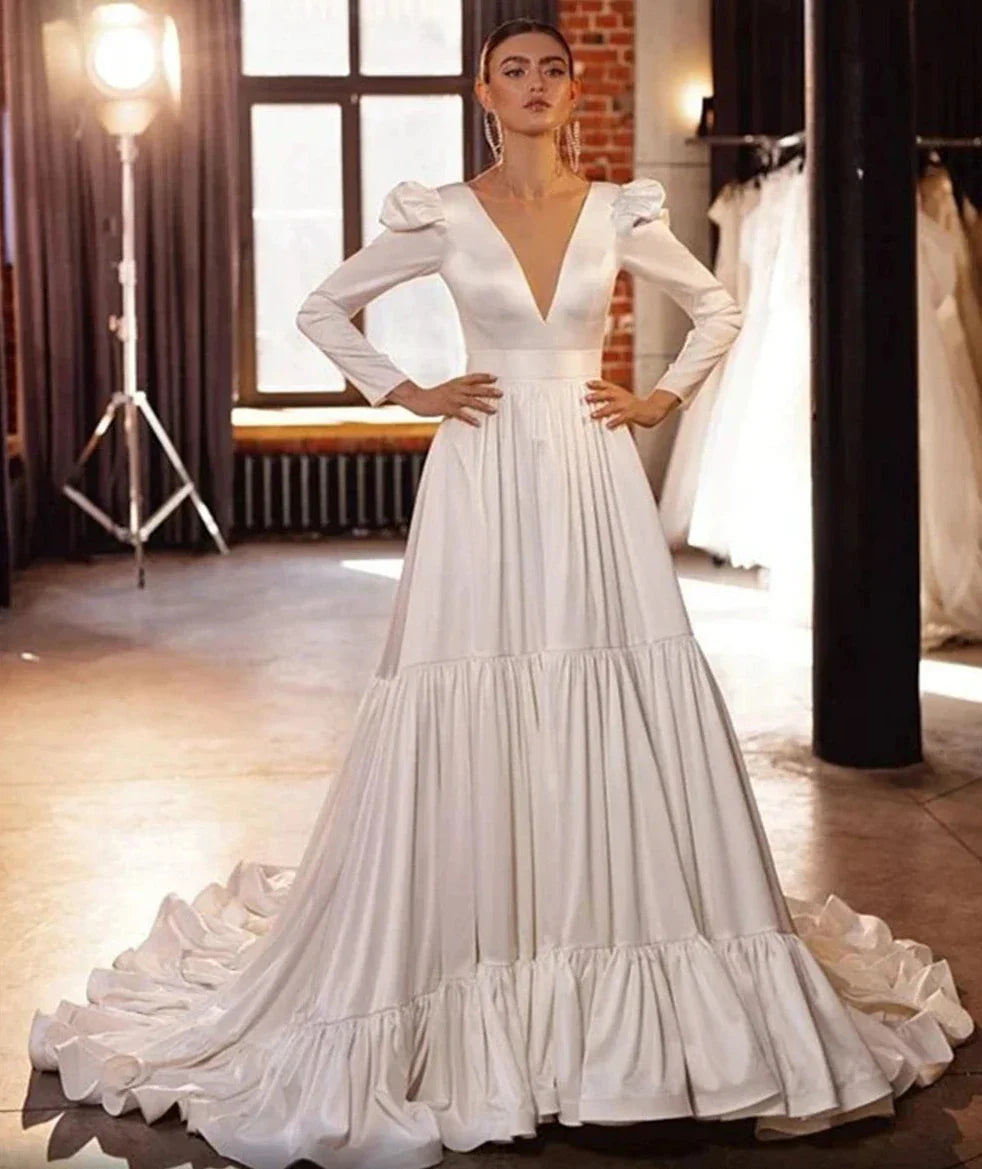 Chic V-neck long sleeves elegant satin wedding dress court train bride bridal gown