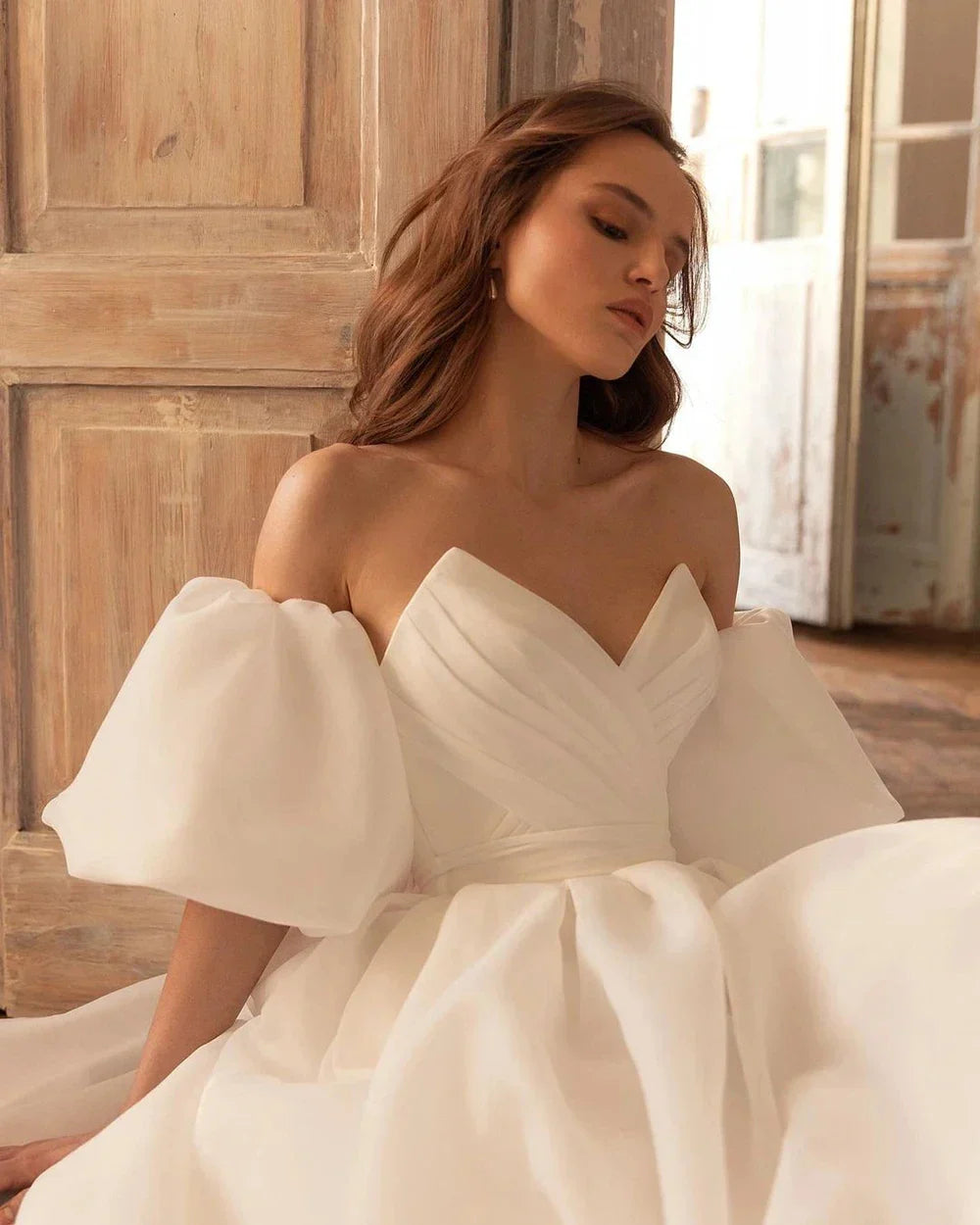 Puff sleeves sweetheart charming off-shoulder A-line backless simple wedding dress bridal gown side view
