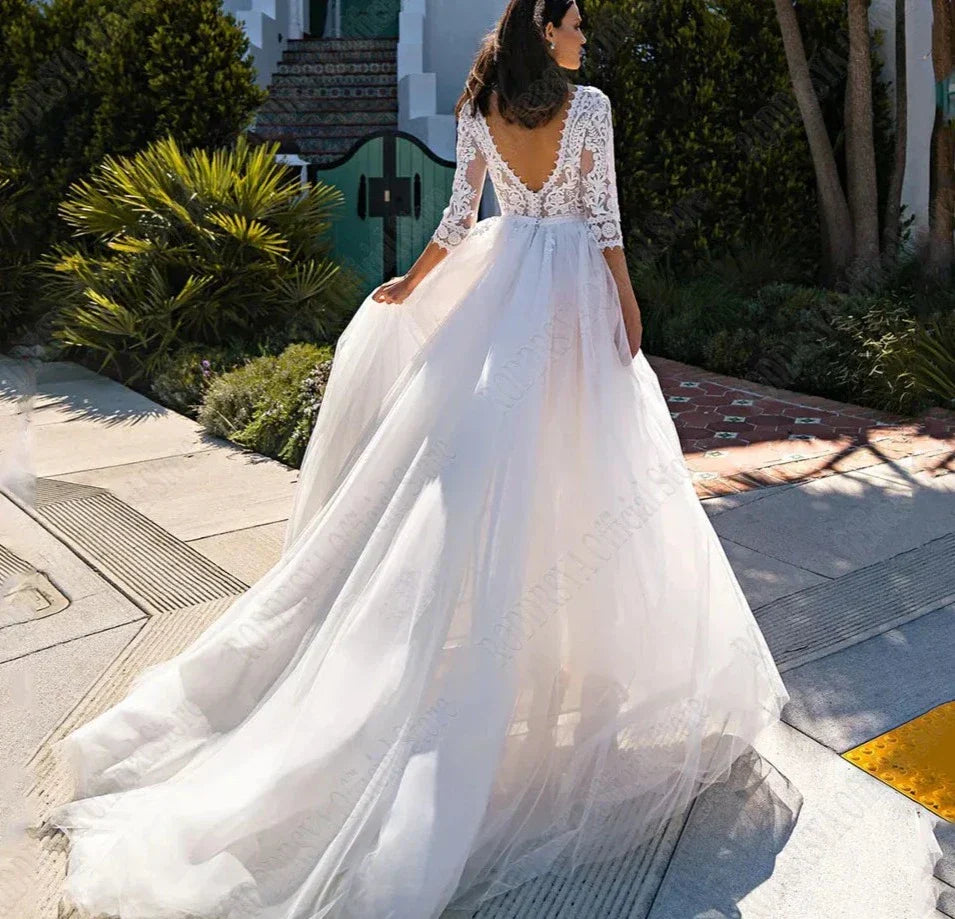 Elegant 3/4 Sleeves Wedding Dresses Square Collar Backless Bride Gowns Tulle A-Line Lace Applique - Image 5