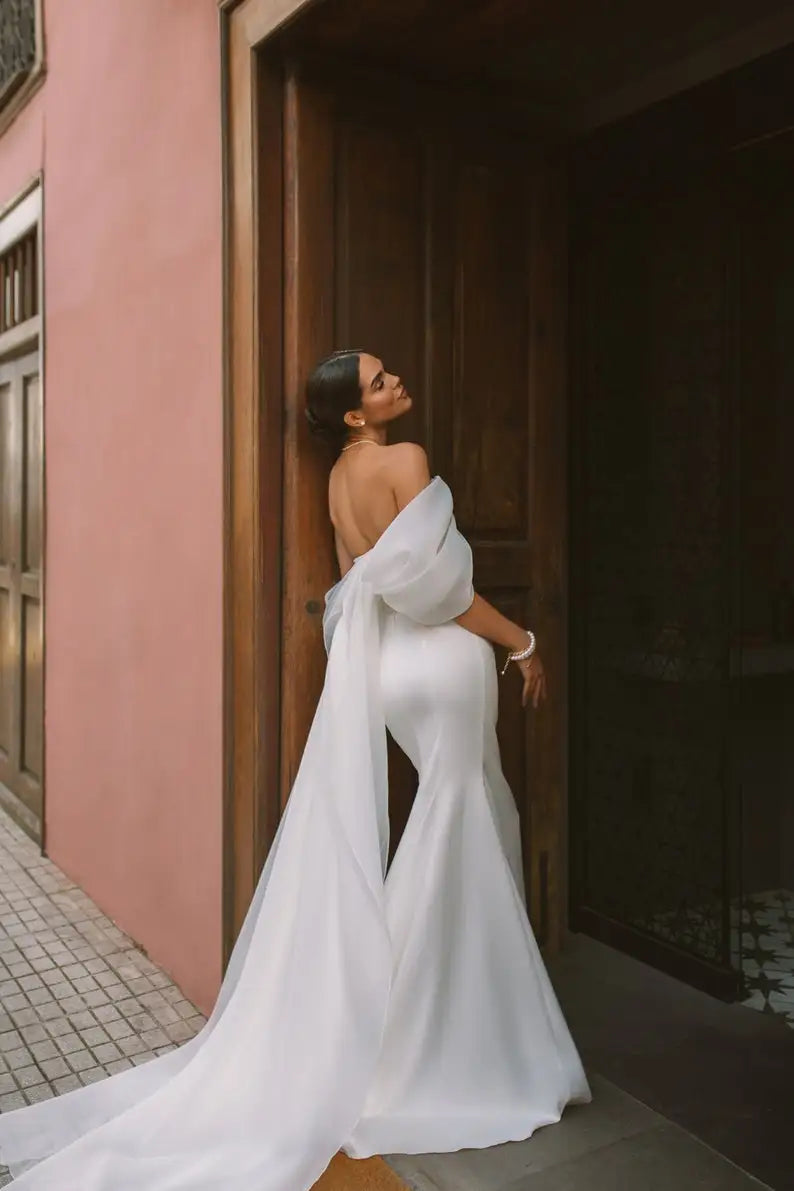 SoDigne Summer Wedding Party Dresses Off The Shoulder Pleats Bridal Dress Mermaid Satin Women Bride Gowns With Train
