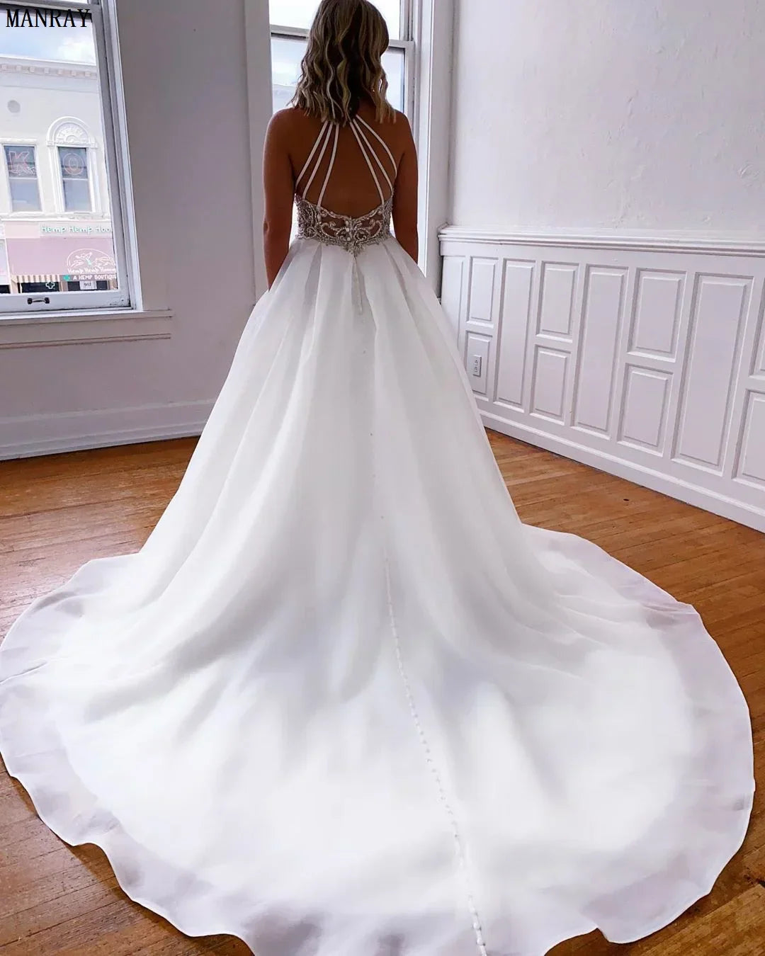 Simple A-line boho wedding dress white organza high neck crystals pockets bridal gown