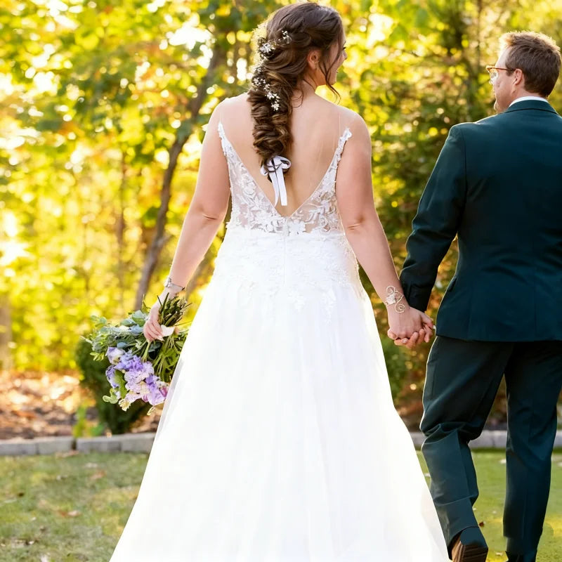 Custom Made White Wedding Dress With Deep V - Neck Spaghetti Straps Floral Lace Embroidery Sheer Back and Tulle Skirt