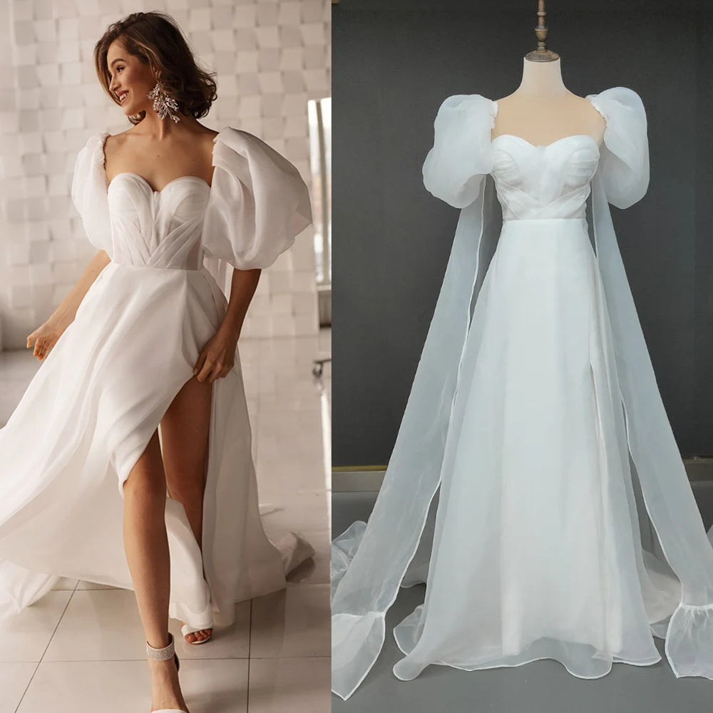 Thigh Split Simple Organza Beach Wedding Dress Customized Plus Size Short Lantern Sleeves Plain Sweetheart Ruched Bridal Gowns