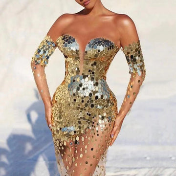 Sexy sequins mesh see-through off-shoulder tassel gold long evening prom night club dress