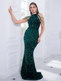 Off shoulder beading sequin stretch halter O-neck floor length evening night dress