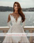 Pearls appliques glamorous sheer neck front split jewel overskirts custom made wedding dress side view