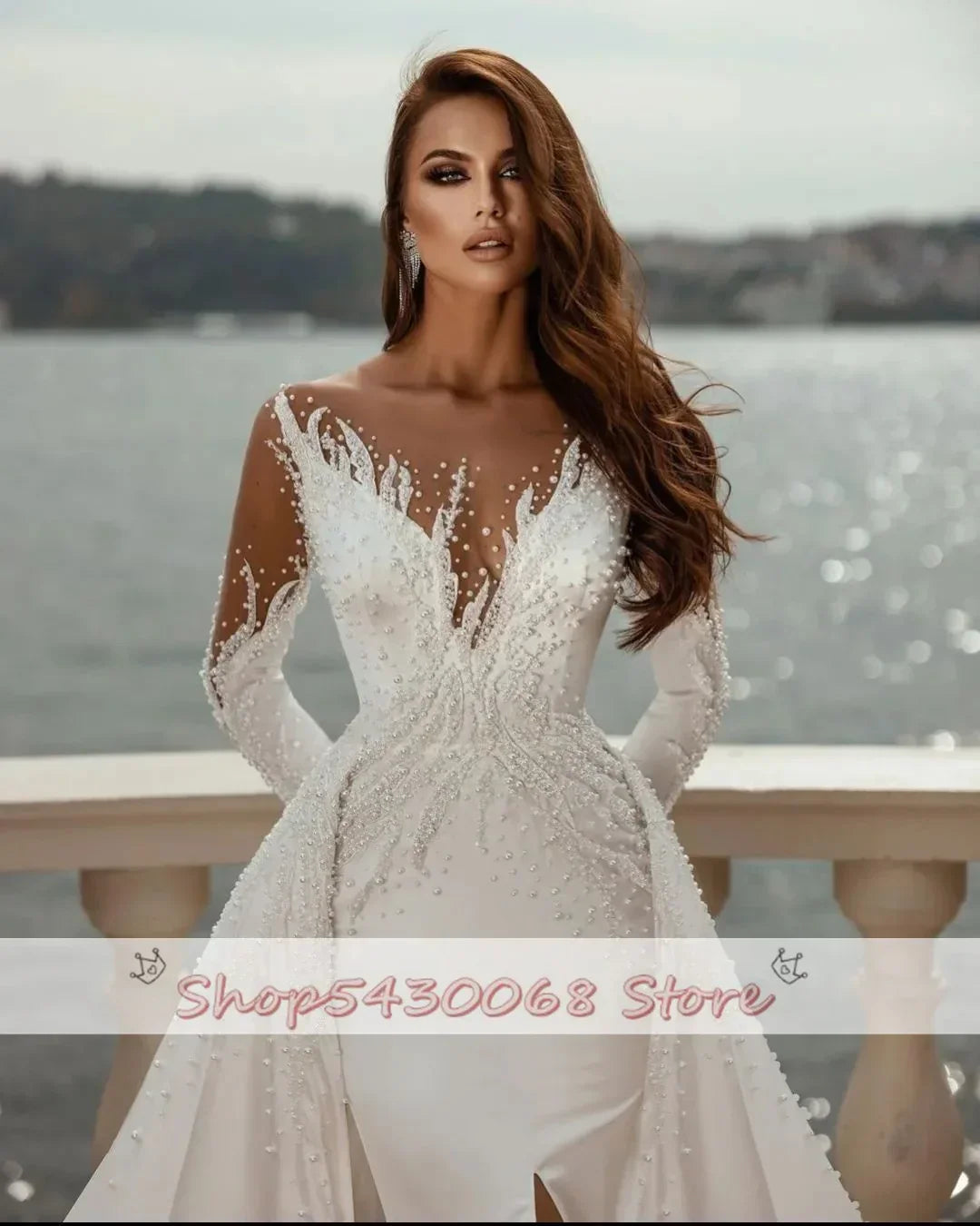 Pearls appliques glamorous sheer neck front split jewel overskirts custom made wedding dress side view
