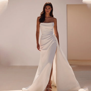 Refined fitted Pleat Satin Mermaid Wedding Dresses Side Slit Sweep train Train Formal Bridal Grown Rode De Morrie