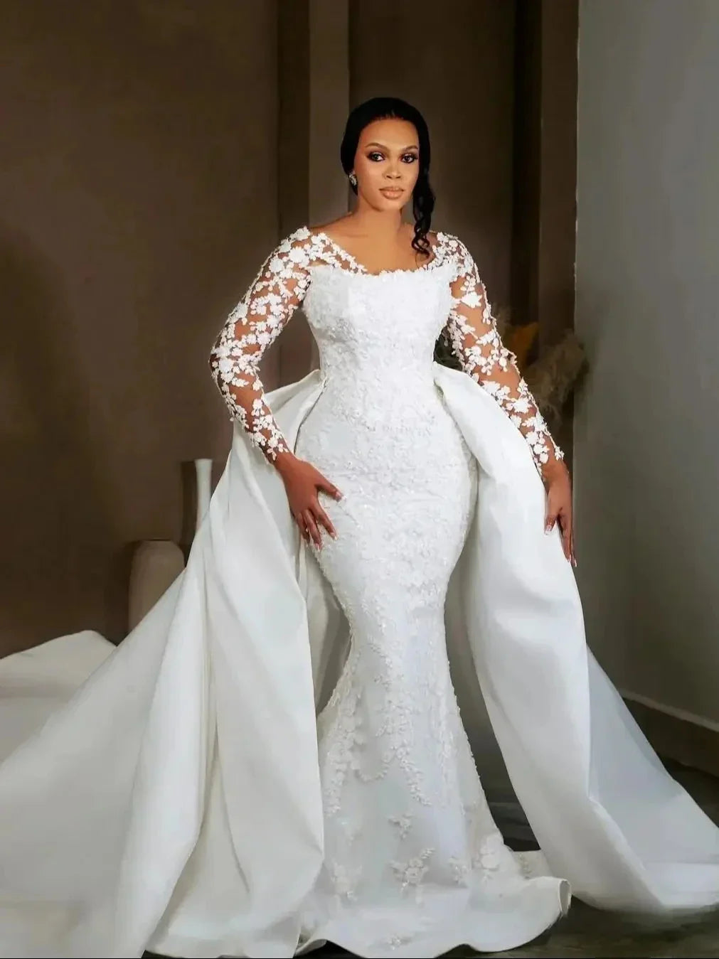 New modern mermaid wedding dress removable skirt appliques beads church bride gown African bridal