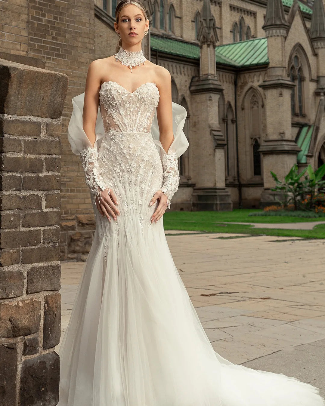 Mermaid strapless detachable sleeve wedding dress – front view – Snowy Bridal