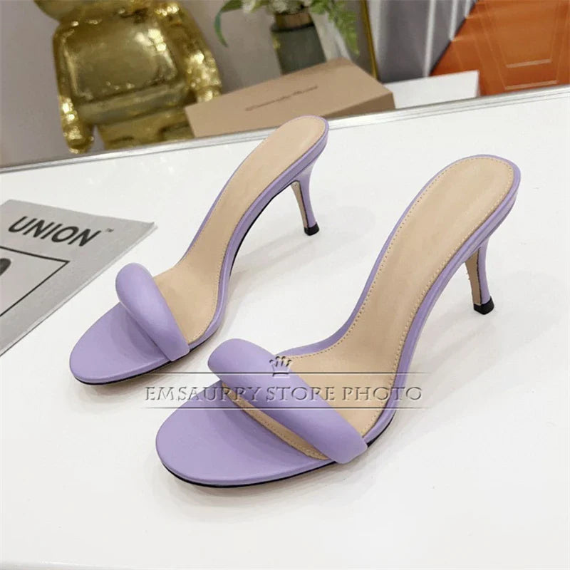 Narrow band genuine leather kitten heel one strap slim summer slingbacks mules sandals detail