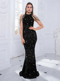 Sequin beading off shoulder halter stretch O-neck floor length evening night dress side view