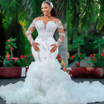 Customized Crystals Rhinestones African Mermaid Wedding Dress Long Sleeves Ruffles Bridal Gowns Garden Vestido De Novia
