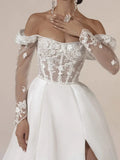 Square Collar Backless A Line Organza Long Sleeves Wedding Dresses Appliques - Image 3