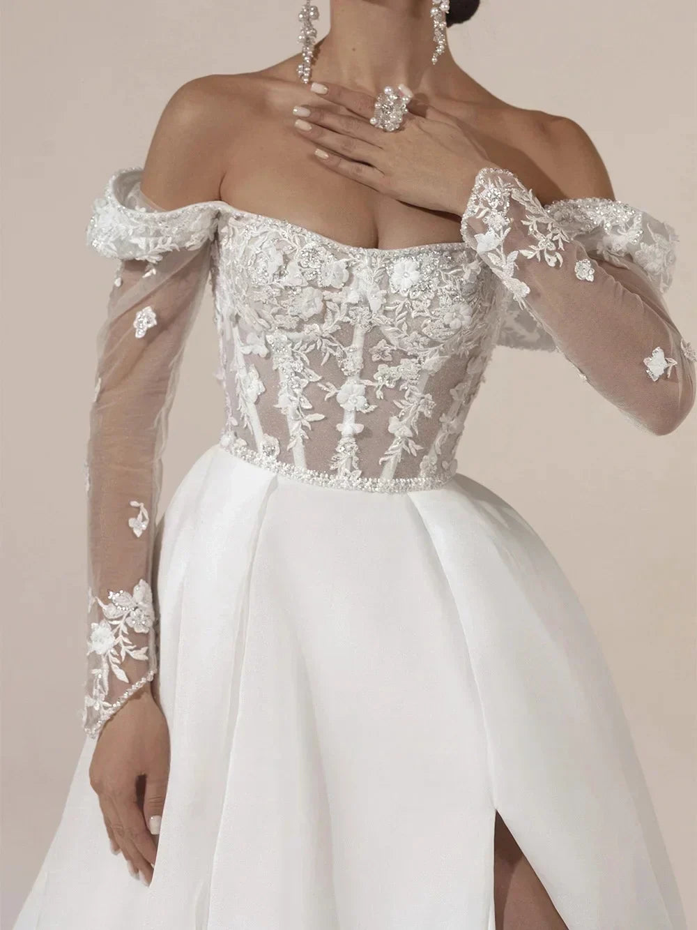 Square Collar Backless A Line Organza Long Sleeves Wedding Dresses Appliques - Image 3