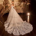 Off-shoulder beads diamonds appliques romantic boho detachable train custom made wedding dress ivory